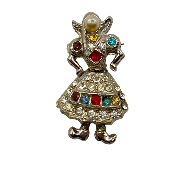 Jewelry - Vintage Articulated Rhinestone Folk Girl Brooch Clogs Figural 1950s Faux Pearl